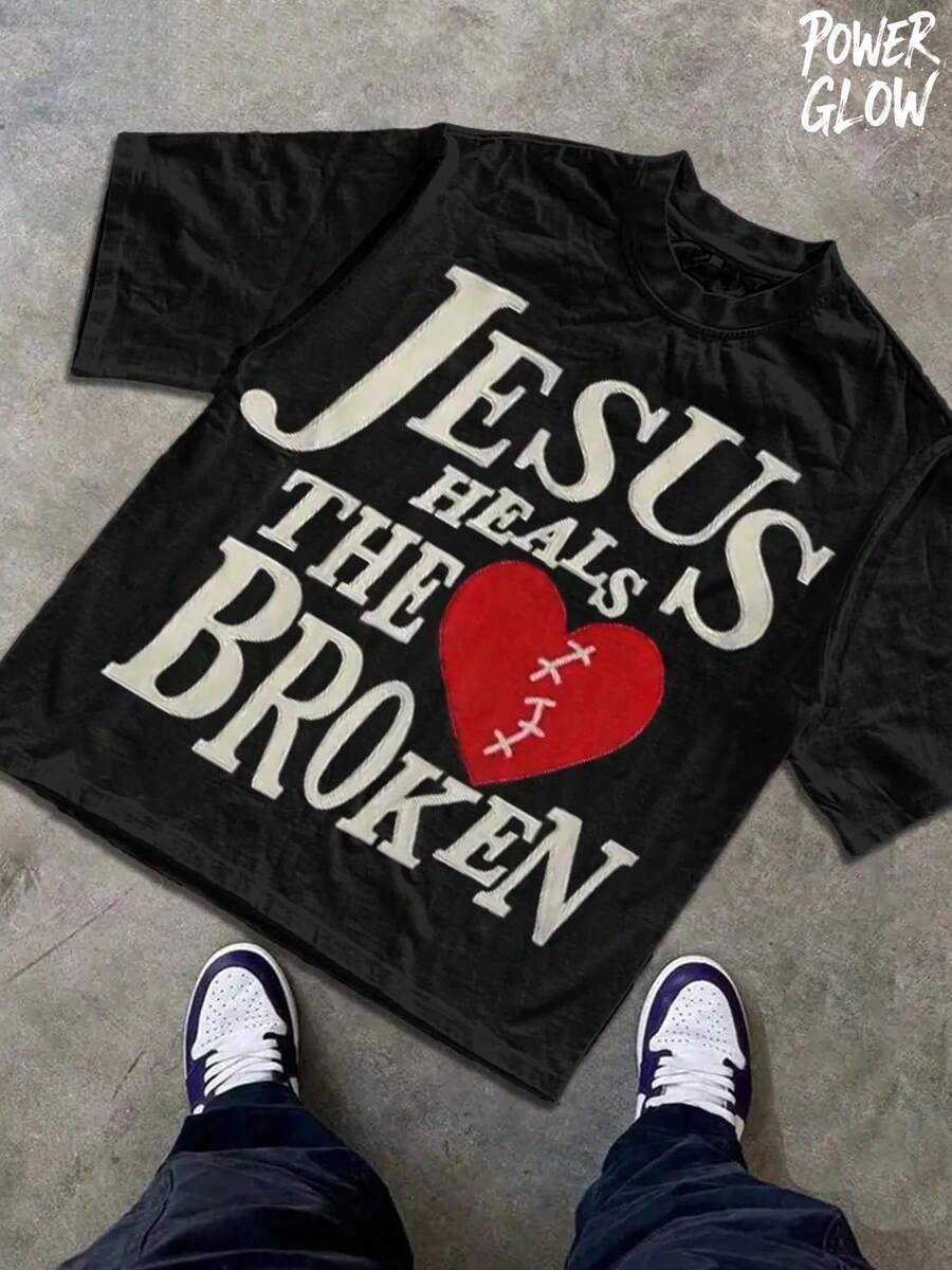 JESUS HEALS THE BROKEN Men's Graphic Tee Y2K,  Fashion Street Style Same Gender Design. It's A Pure Cotton Casual T-Shirt For Spring And Summer, With A Round Neck And Short Sleeves - 黑色 - 查看 1