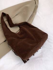 Tropiscape Túi đeo vai/túi dưới cánh tay cỡ trung bình, nhẹ, kiểu dáng vintage bằng da lộn với tua rua, màu đỏ tía, nâu, cà phê, thiết kế độc đáo năm 2024, phong cách thời trang Mỹ, phù hợp cho phụ nữ và bé gái, túi tote dung tích lớn, quà tặng phong cách Cottagecore, trang phục mùa hè. - Cà phê nâu - Xem 8