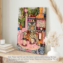 1pc Unframed Tiger With Coffee And French Press Canvas Print - Minimalist Kitchen Wall Art - Bold Tiger Coffee Enthusiast Decor - Vintage Jungle Print Posters,Wall Art,Room Decoration Stuff,Fall,Halloween,Modern,Vintage(Optional) Frame) - Multicolor - View 3
