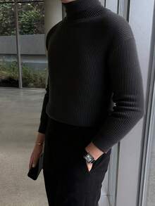 Men's Casual Ribbed Knit Turtleneck Sweater, Minimalist And Fashionable For Daily Wear, Fall
