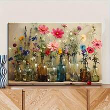 Arte de lienzo floral vibrante con tarros Mason - Sala de estar, decoración de pared moderna opcional para dormitorio u oficina en casa - Diseño de ramo colorido en azul, rosa, amarillo y morado - Regalo ideal de inauguración de casa, decoración del hogar
