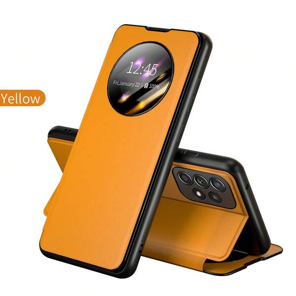 1pc Luxury Business Flip Cover Round Window Genuine Leather Phone Case With Kickstand, Compatible With Pixel 9Pro, Pixel 9, Pixel 8Pro, Pixel 8A, Pixel 8, 16Promax, 16pro, 16, 15promax, 15pro, 15, 14promax, 14pro, 14, 13promax, 13pro, 13, 12promax, 12pro, 12, Galaxy S25Ultra, S25+, S25, S24Ultra, S24+, S24, S23Ultra, S23+, S23, S23FE, S24FE, A16, A26, A36, A56, Full Body Protective Phone Cover