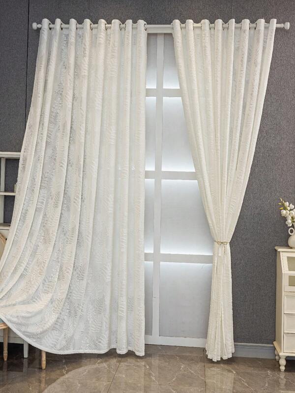 1pc French Luxury White Embroidered 3D Raised Leaf Sheer Curtain, Versatile For Kids Room, Living Room, Bedroom, Kitchen, Decorative Voile Curtain (130g Fabric Weight)