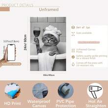 1 件，可爱的浴室小猫壁饰，浴缸里喝红酒的猫咪，黑白简约风格搞笑动物海报，浴室装饰，戴着浴帽的小猫，黑白动物图案适合浴室装饰，厕所装饰 - 可选框架，带框架的壁饰 - 彩色 - 查看 12