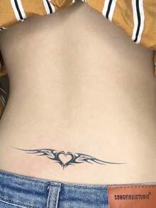 1pc Realistic Temporary Tattoo Sticker, Semi-Permanent Tattoo, Wing, Succubus, Heart Designs, Y2K Style, Waterproof Sweatproof, Lasts 1-2 Weeks, Realistic Herbal Juice Effect, Non-Reflective, Black, Unisex, Applicable To Arms, Chest, Legs, Abdomen, Waist, Fingers, Neck, Spine, Modern Body Art - Black - View 2