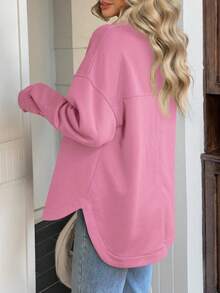 Fisoew Women Oversized Sweatshirt Long Sleeve Henley V Neck Pullover Top Fall Winter Cozy Loungewear Casual Streetwear Soft Y2K Vintage Blouse - 粉紅色 - 查看 3