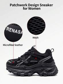 somiliss Teniși cu șireturi și platformă de 6 cm pentru femei, plasă respirabilă, decorați cu strasuri, antiderapanți, pantofi sport casual, versatili, potriviți pentru toate anotimpurile, negri