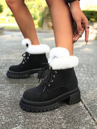 Women's Winter New Black Versatile Comfortable Lace-Up Snow Boots, Warm Thick Short Boots, Anti-Slip, Fashion Boots