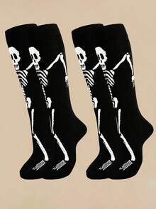 1双/2双装 男士万圣节骷髅爪卡通印花船袜，休闲趣味派对舒适长袜，保暖袜 - 黑與白 - 查看 4