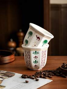 半套沙漠骆驼棕榈树陶瓷咖啡杯，180毫升/250毫升 - 可重复使用，浓缩咖啡杯，适合聚会和特殊场合，沙漠主题礼品，沙漠装饰 | 沙漠主题装饰，耐用陶瓷杯，沙特国庆日礼品，节日礼品，适合下午茶、办公室、聚会、餐厅、咖啡馆、露营和斋月礼品 - 手握杯 - 查看 5