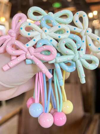 5pcs/1pc Cartoon Bow, Macaron Hair Ties, Colorful Scrunchies, Beaded Hair Ties, Polka Dot Candy Color Hair Elastics, High Elasticity Ponytail Holders, Harmless Hair Accessories, Sturdy For Daily Use, Random Color, Home Beauty Women Accessory Gifts, Hair Rubber Bands, Hair Rope ,Gifts