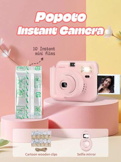  Popoto Instant Camera, kompatibel med Mini Instant Film, inkluderar 10 filmark, inbyggd blixt, optisk bildtagning, mittsökare, fotokvalitet som påminner om vintagefilm (batterier ingår ej)