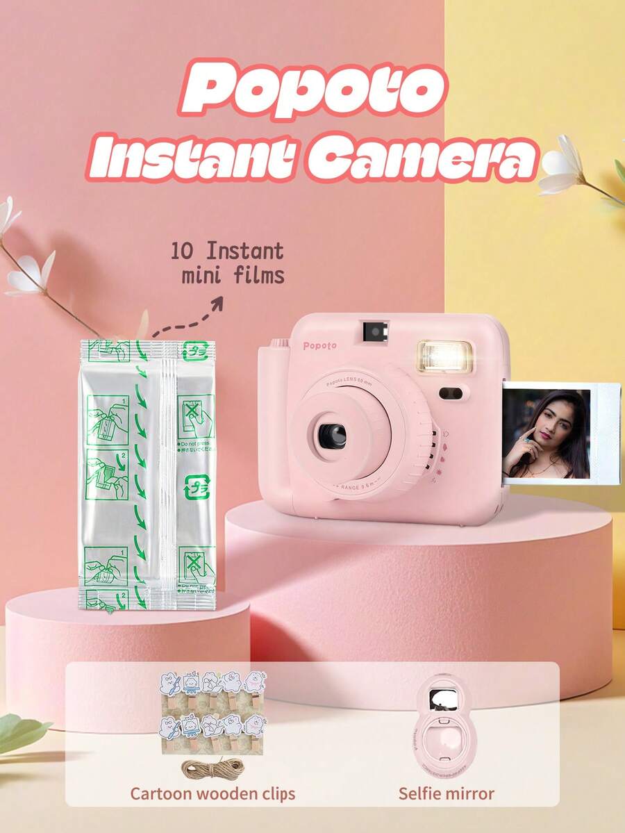 Popoto Instant Camera, Compatible With Mini Instant Film, Includes 10 Sheets Of Film, Built-In Flash, Optical Imaging, Center Viewfinder, Vintage Film-Like Photo Quality (Batteries Not Included)