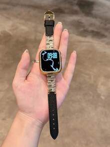 1 Peça Compatível com Pulseira de , Unissex, Pulseira de Metal Dourado com Strass Assimétrico & Preta, Compatível com Apple Watch 38/40/41/42/44/45/49/46mm, Compatível com Apple Watch S10/Ultra/SE/9/8/7/6/5/4/3/2/1, Macia e Confortável, Elegante e Versátil, Adequada para Ocasiões Casuais e de Festa, Acessório - Preto - Visão 8