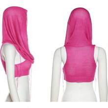 Women Knitted Hoodie Sweater Vest Sleeveless Hollow Out Hooded Crop Top Streetwear Rave Oufit - 玫紅色 - 查看 5