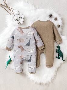 2件套男婴恐龙印花圆领连体衣，棕色和灰色
