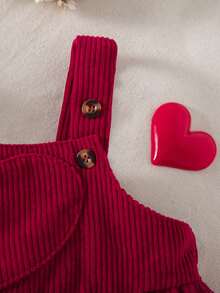 2pcs/Set Girls Casual Outfits - Heart Print Long Sleeve Top And Adjustable Strap Skirt With Headband, Spring/Autumn - Red - View 9