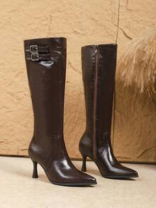 Fall/Winter Women's Elegant Over-The-Knee High Heel Boots, Non-Fatiguing, Pointed Toe Slim Heel, Elastic Slimming, New Style Stacked Heel Boots With Side Zipper, Black - Black - View 6