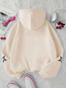 少女字母印花卫衣，休闲连帽长袖卫衣，返校季 - 杏色 - 查看 3