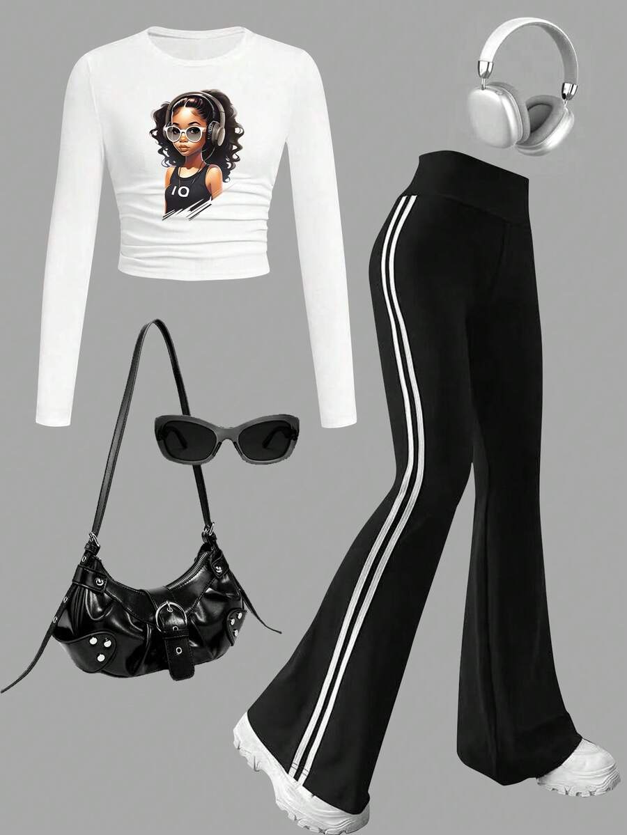 Tween Girl Cartoon Print Crew Neck Long Sleeve Top And Pants Set - White - View 1