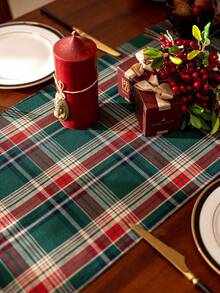 1pc Red & Green Plaid Tassel Trim Christmas Table Runner, Christmas Party Decor Table Runner, Suitable For Winter Christmas Party Home Table Decoration