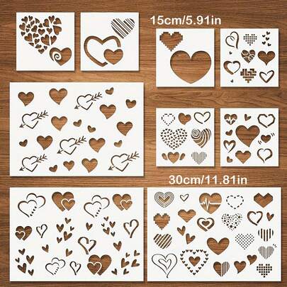9pcs Reusable Heart Shaped Stencils, Multi-Size Intricate Hollow Design, Suitable For Valentine's Day, Wedding, DIY Crafts, Cookie & Coffee Decor, Wood, Cards, Painting - Durable & Easy To Clean, Essential For Handmade, Wedding Decor, Decorative Template, Romantic Theme, Multipurpose Craft