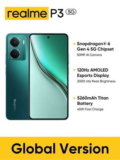  Realme P3 5G 8GB+256GB / 12GB+512GB 5G LTE，全球版，解锁手机，安卓 15 游戏智能手机，6.67 英寸 FHD 120Hz 显示屏，5260mAh 电池，5000 万像素摄像头，7.97 毫米薄，无适配器