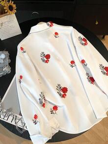 印花长袖纽扣衬衫，优雅大方，适合海滩、度假、通勤等场合，宽松版型，春夏女款 - 白色 - 查看 10