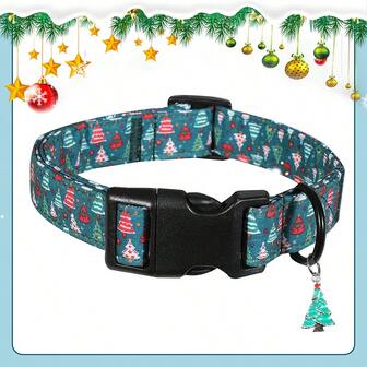 1 件可调节圣诞狗项圈，带有节日树印花、雪人和驯鹿 - 圣诞老人 - 耐用涤纶节日宠物项圈，带圣诞装饰吊坠，适合小型到大型犬、男孩和女孩，宠物节日配饰 | 可爱的宠物装饰 | 装饰性宠物项圈