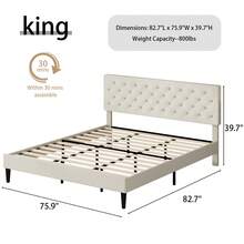 Upholstered Bed Frame With Headboard, Linen Fabric Bed Frame With Button Tufted Headboard, No Box Spring Needed, Easy Assembly, Twin/ Full/ Queen/ King, Beige/ Pink/ Dark Grey/ Grey/ Blue/ Cream/ Black - 奶油 - 查看 9