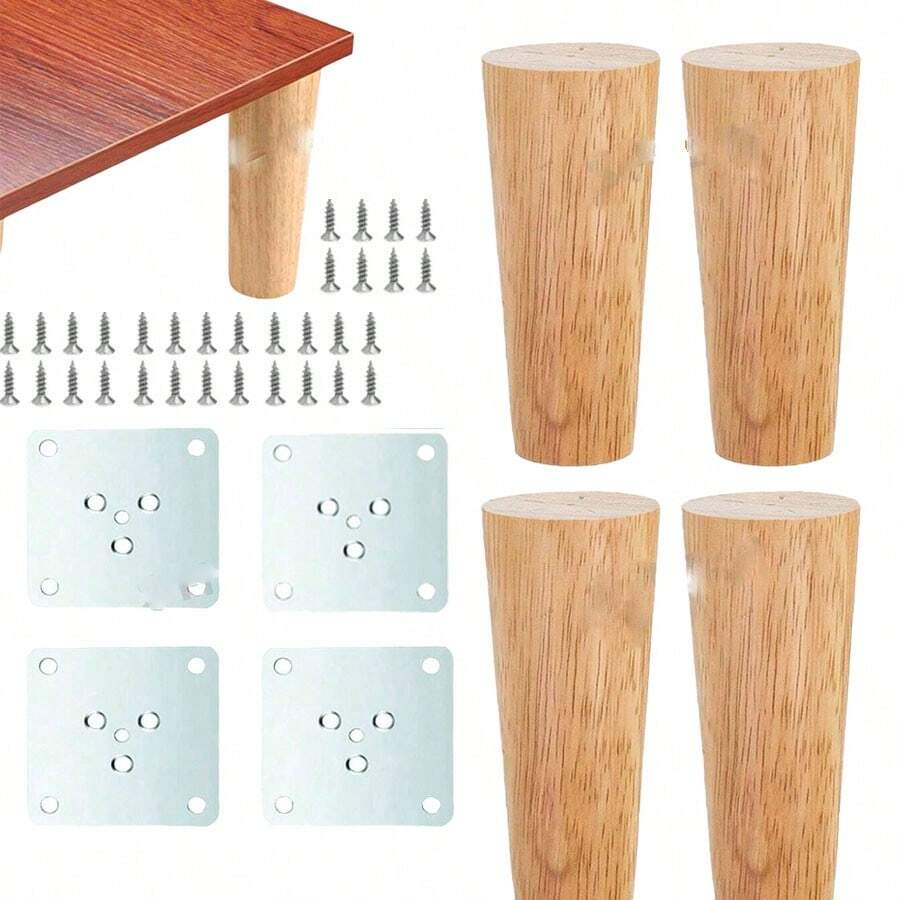4件套家具腿，10/12/15厘米圆形木制家具腿，DIY锥形木制家具腿 - 卡其色 - 查看 1