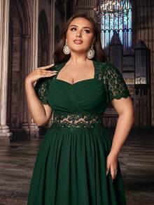 QOQ Elegancka suknia wieczorowa w dużych rozmiarach, elegancka, na przyjęcie urodzinowe, kolację, wesele, z koronką i bufiastymi rękawami, z szyfonu, na Walentynki - Ciemnozielony - Zobacz 6