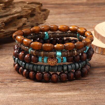 5 Pieces Creative Turquoise Wood Bead Coconut Shell Bracelet Hand Beaded Vintage Fashion Bracelets Set Daily Wear