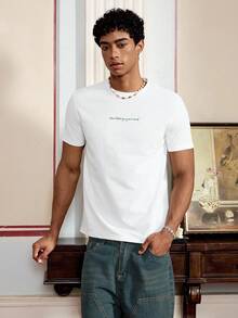 男士圆领针织休闲T恤，带标语印花，夏季，街头风格 - 白色 - 查看 2