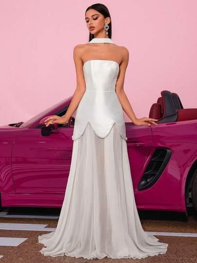 Elisanya Strapless Flowy Tie-Back High Waist Floral Mesh Backless Dress, Suitable For Prom, Party, Birthday, Date Night, Homecoming, Wedding Guest, Formal Dinner