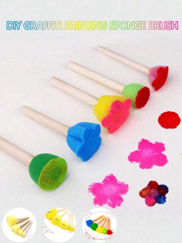 5 Stücke bunte Blumen Schwamm Stempel Malwerkzeuge, DIY Pilzkopf Malerpinsel, Frühpädagogische Kunstbedarf, Schwamm Stempel Set mit Holzgriff, Schwamm Malerpinsel Set, Pilzrunder Kopf Schwamm Stempel, Schablonen Pinsel, geeignet für Malerei, DIY Kunst und Handwerk, Graffiti und Schulbedarf