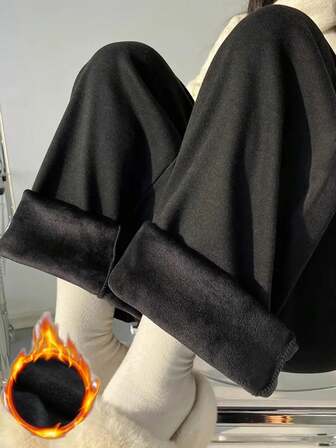 直筒休闲裤，带保暖内衬，垂坠效果，适合秋冬季