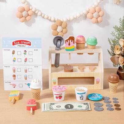 4-Color Ice Cream Shop Wooden Toy - Pretend Play Food For Toddlers, Kids Role Play Developmental Toy