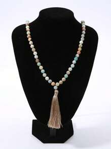 1pc New Bohemian Natural Stone Beaded Colorful Tassel Necklace, Sweater Chain Couples Necklace, Suitable For Daily Wear (Stone Bead Colors Vary In Each Batch)