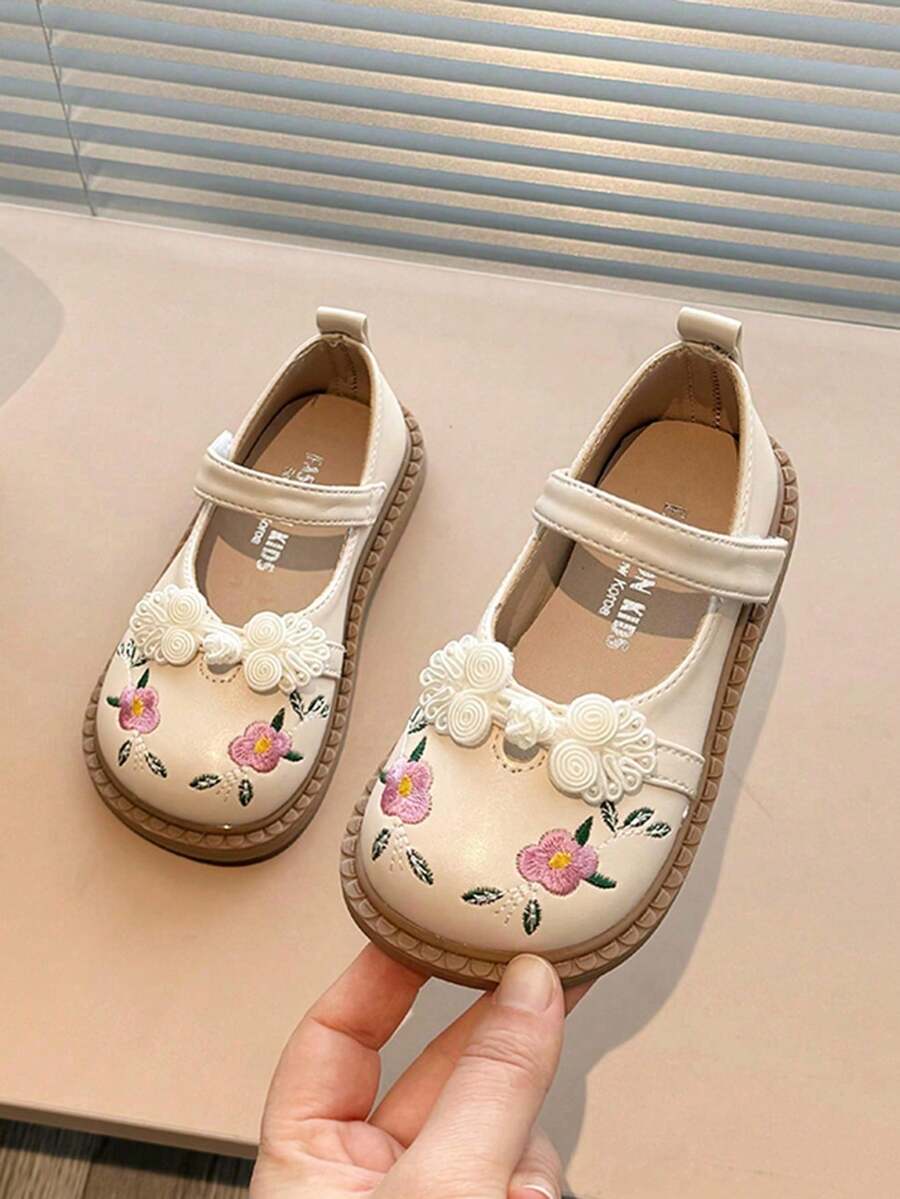 1 par de zapatos planos con bordado floral minimalista y punta redonda para niñas, casuales y cómodos, adecuados para primavera/otoño