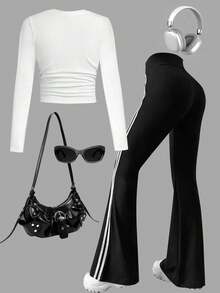 Tween Girl Cartoon Print Crew Neck Long Sleeve Top And Pants Set - White - View 2