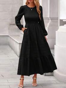 Womens Long Sleeve Fall Dresses Casual Crew Neck Smocked High Waist Tiered Flowy Maxi Dress With Pockets - 黑色 - 查看 3