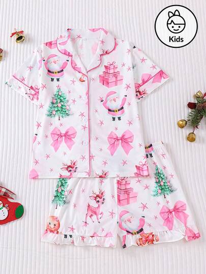 2pcs Christmas Santa Claus & Reindeer Print Kids Pajama Set, New Style White Collar Shirt Short Sleeve Shorts Casual Sleepwear, Cute All-Over Santa Claus, Reindeer, Christmas Tree, Gift Box Print Homewear Set, Sweet Pink Bow & Star Decor, Suitable For Children & Teens Daily Wear, Party, Gathering