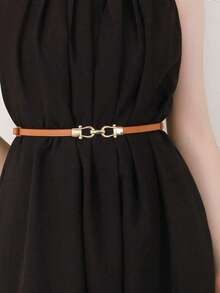 1pc PU Leather Skinny Adjustable Waist Belt With Metal Buckle, Suitable For Dresses, Autumn & Halloween