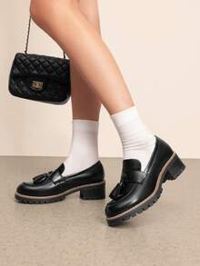 Women Loafers Slip On Platform Chunky Heel Dress Work Business Casual School Preppy Loafers Autumn Shoes - 黑色/PU - 查看 3