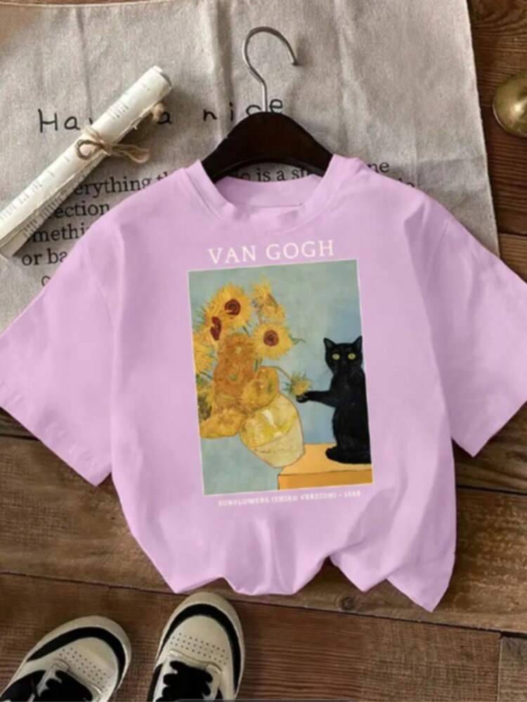 Van Gogh's Work Sunflowers Black Cat Vintage Fashion Sunflowers Basic Casual Printed Shirt - Purple - View 1
