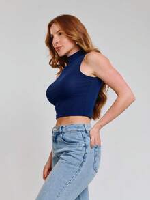 Kit With 3 Cropped High Neck Ribbed Women's Blogger Blouses - xanh lá cây/nude/xanh nước biển - Xem 3