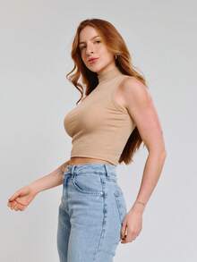 Kit With 3 Cropped High Neck Ribbed Women's Blogger Blouses - xanh lá cây/nude/xanh nước biển - Xem 5