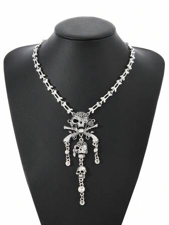 万圣节复古时尚海盗恐怖骷髅多层流苏吊坠项链颈链，女式朋克比基尼配饰