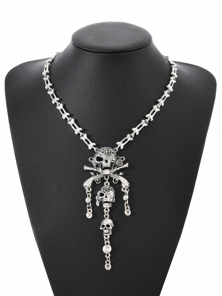 万圣节复古时尚海盗恐怖骷髅多层流苏吊坠项链颈链，女式朋克比基尼配饰